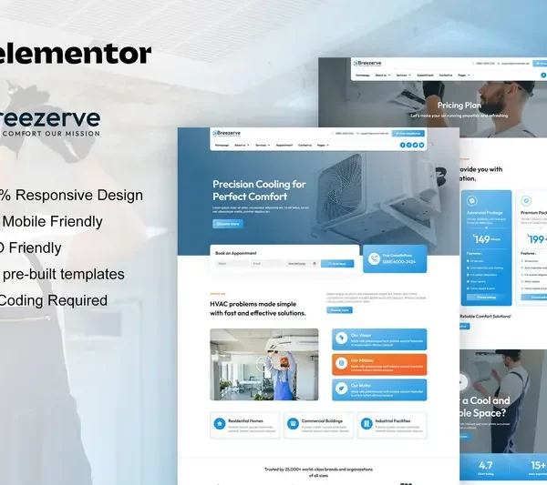mua Breezerve - Air Conditioner & HVAC Repair Elementor Pro Template Kit