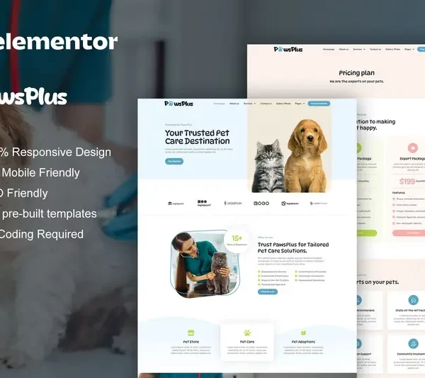 Tải PawsPlus - Pet Care & Veterinary Elementor Template Kit mới nhất
